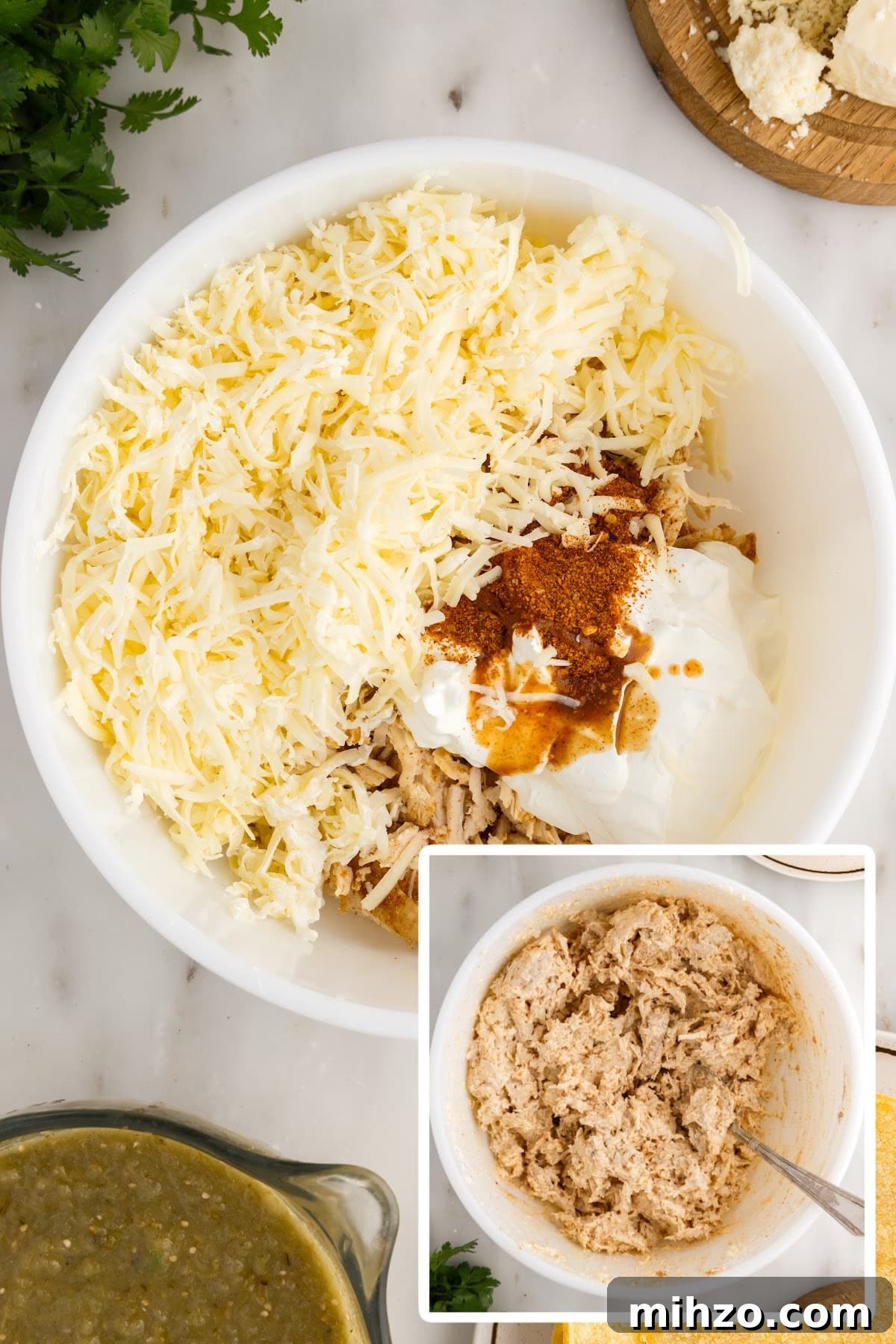 Chicken, cheese, sour cream, hot sauce, and taco seasoning in a bowl and a bowl with it mixed together.