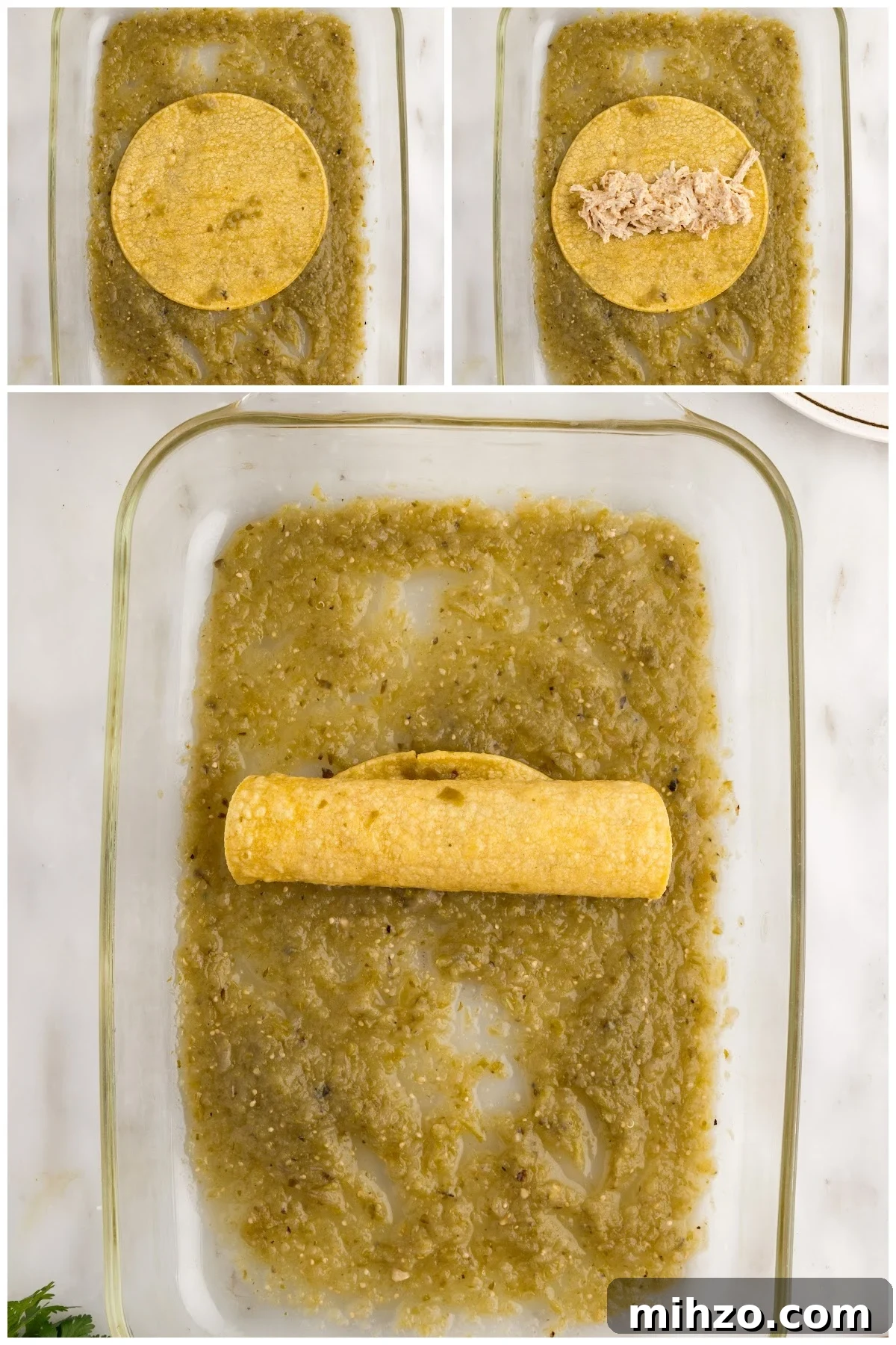 Three images of a taco shell being filled with Green Chicken Enchilada filling.