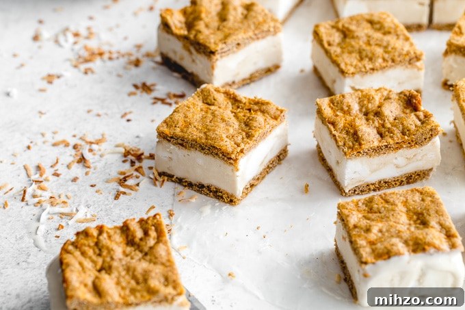 Ice cream sandwich squares arranged on a light coloured surface.