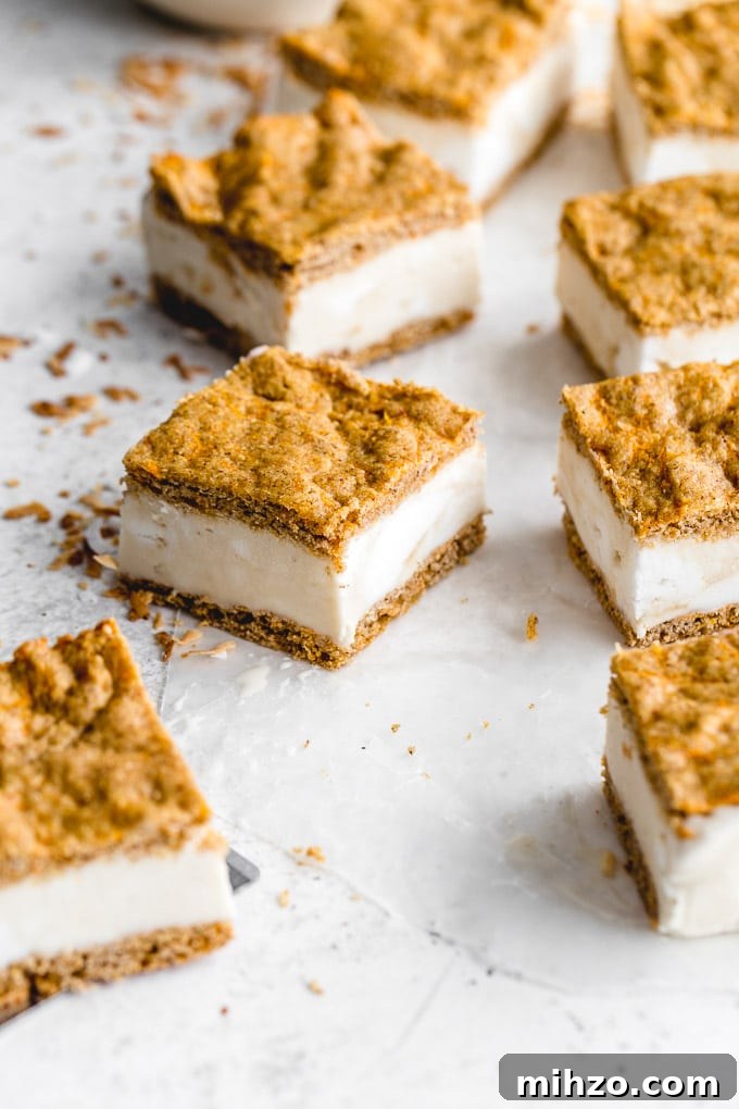 Up-close view of a carrot cake ice cream sandwich square.