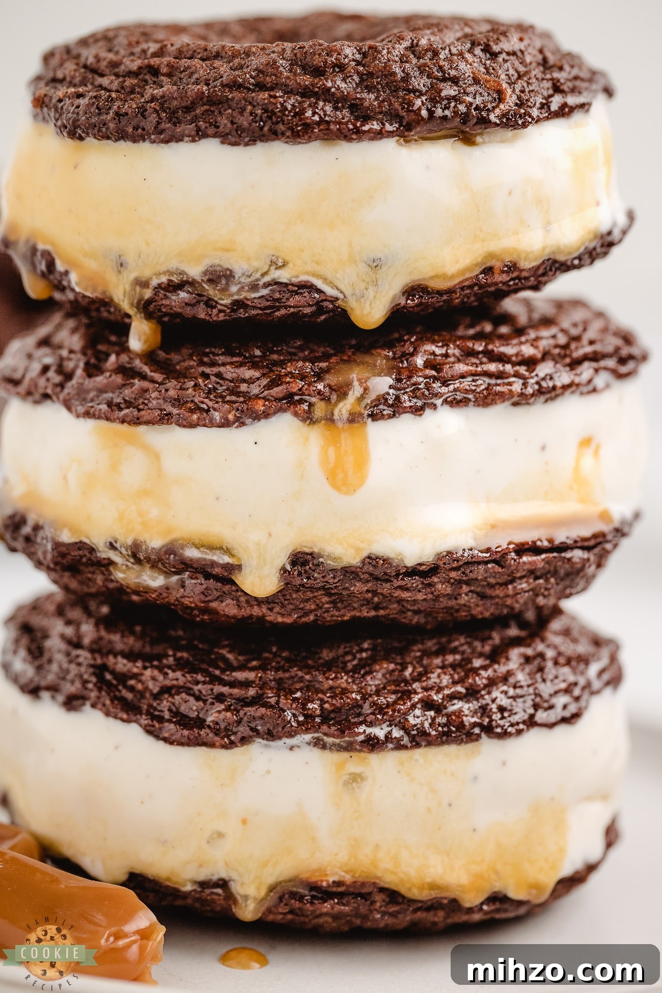Chewy Caramel-Filled Brownie Cookies Recipe 3 caramel brownie cookies made into ice cream sandwiches