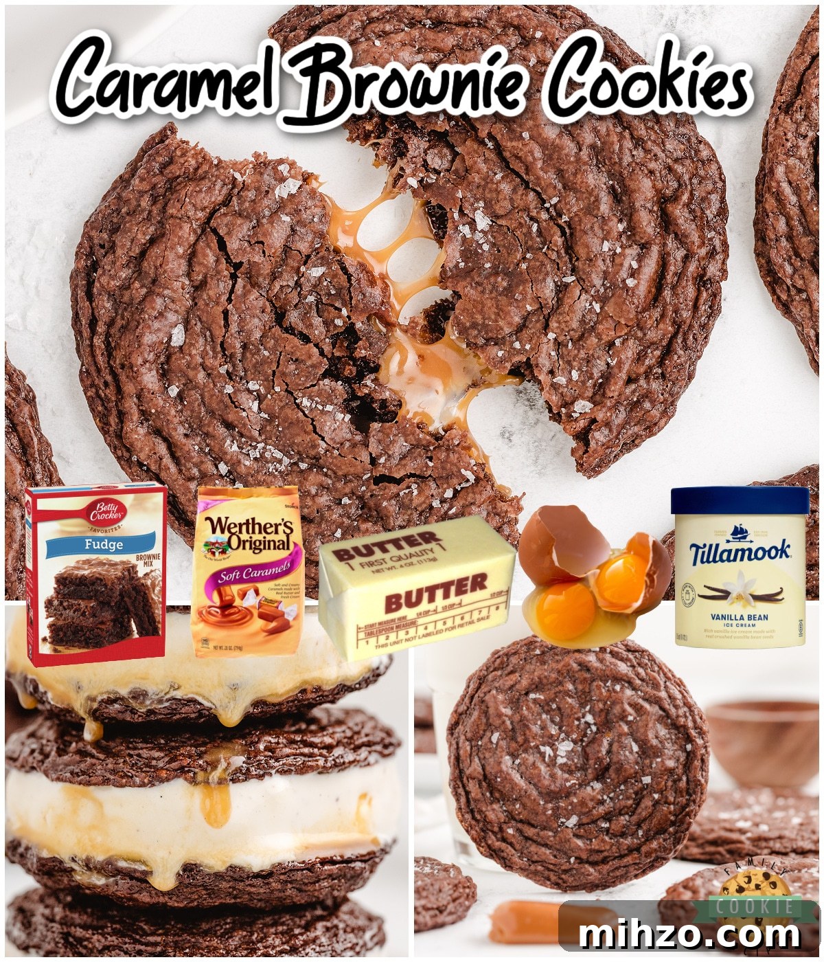 Chewy Caramel-Filled Brownie Cookies Recipe 6 Caramel Brownie Cookies made with a brownie mix & stuffed with buttery soft caramels! Indulgent chocolate cookies with gooey caramel, perfect with a sprinkle of salt!
