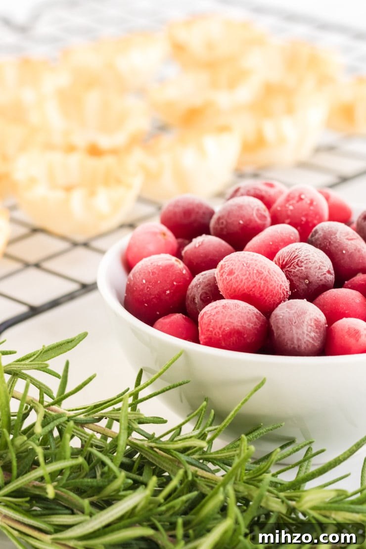 Cranberry Brie Bites- a macro close up image of frozen cranberries, with rosemary in front and pyllo dough in back