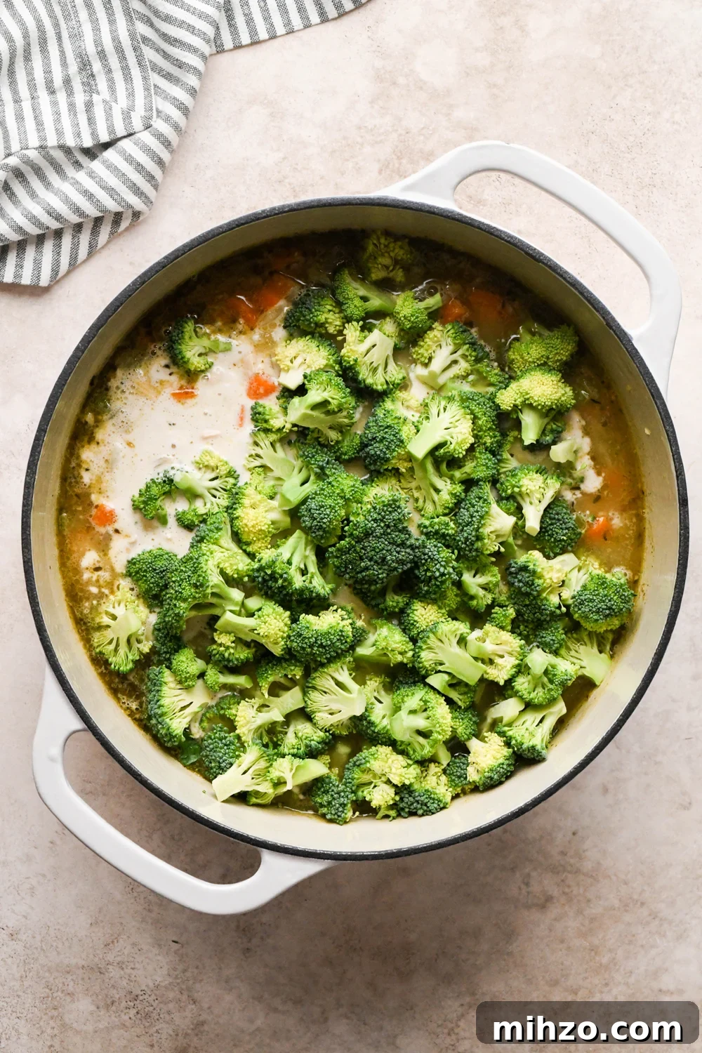 Delicious Dairy-Free Chicken and Broccoli Soup Recipe 15 How to make Chicken and Broccoli Soup: Soup pot with cashew cream and broccoli added.