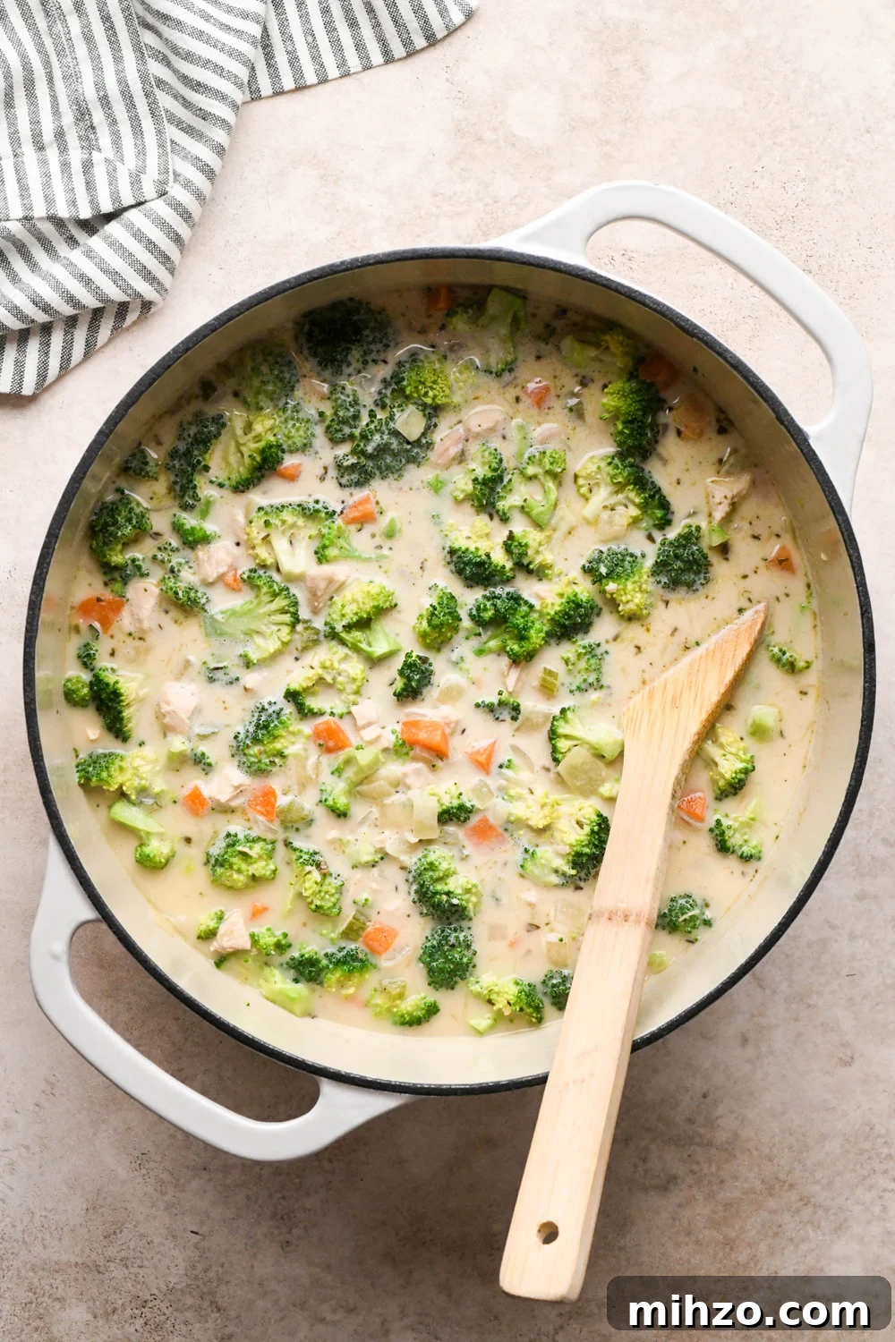 Delicious Dairy-Free Chicken and Broccoli Soup Recipe 16 How to make Chicken and Broccoli Soup: Soup stirred together to incorporate cashew cream and broccoli florets.