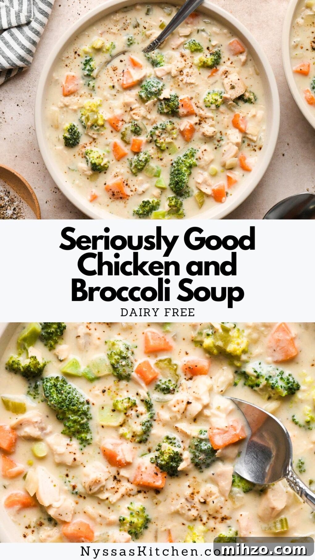 Delicious Dairy-Free Chicken and Broccoli Soup Recipe 20 Pinterest pin for chicken and broccoli soup