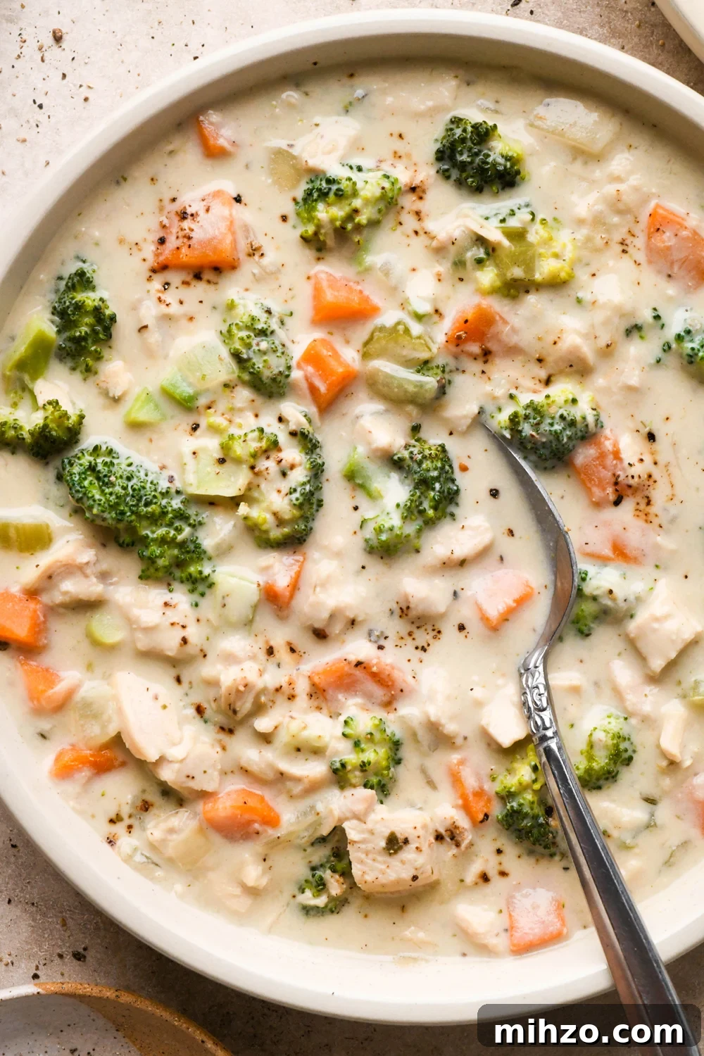 Delicious Dairy-Free Chicken and Broccoli Soup Recipe 5 A shallow cream colored ceramic bowl of creamy dairy free chicken and broccoli soup on a light brown background. A spoon is tucked into the edge of the bowl.