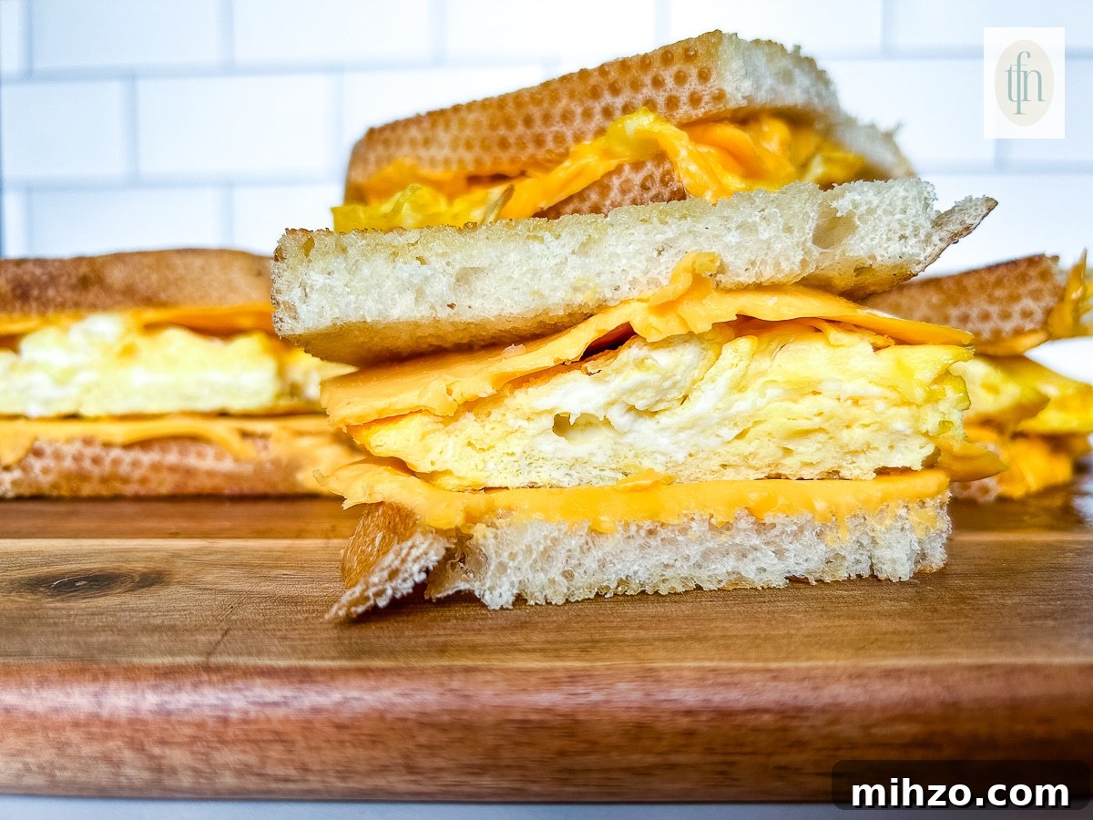 Sourdough Breakfast Sandwich Ideas for Quick Morning Meals 3 Close up of scrambled egg sandwich cut into triangles.