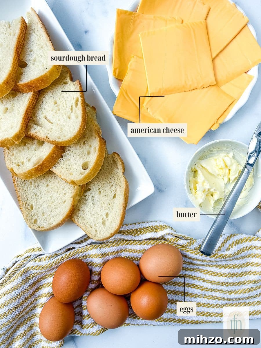 Sourdough Breakfast Sandwich Ideas for Quick Morning Meals 4 Plates of ingredients for a sourdough breakfast sandwich.