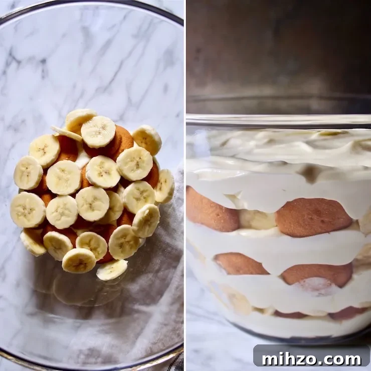 Magnolia Bakery-Style Banana Pudding Recipe That Impresses 4 Magnolia Bakery's Famous Banana Pudding, side by side photo of layering ingredients in dish