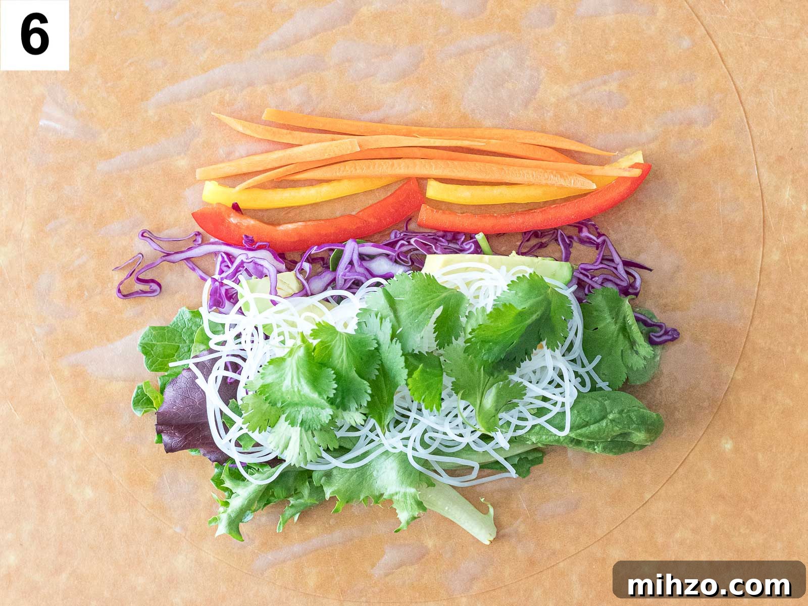 vermicelli rice noodles and rainbow veggies on a rice paper wrapper