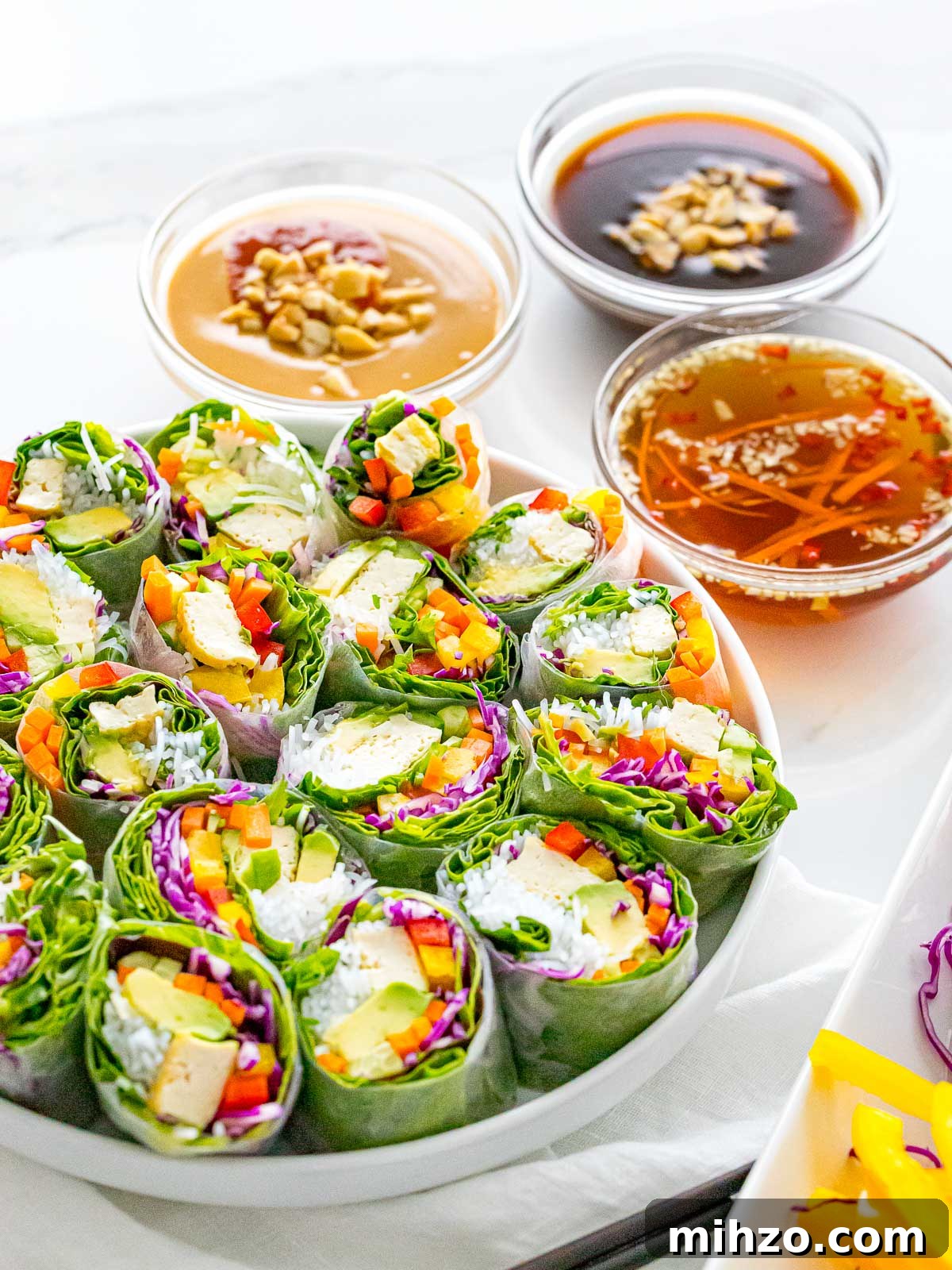 Vietnamese vegetarian summer rolls with peanut sauce, hoisin sauce, and nuoc cham