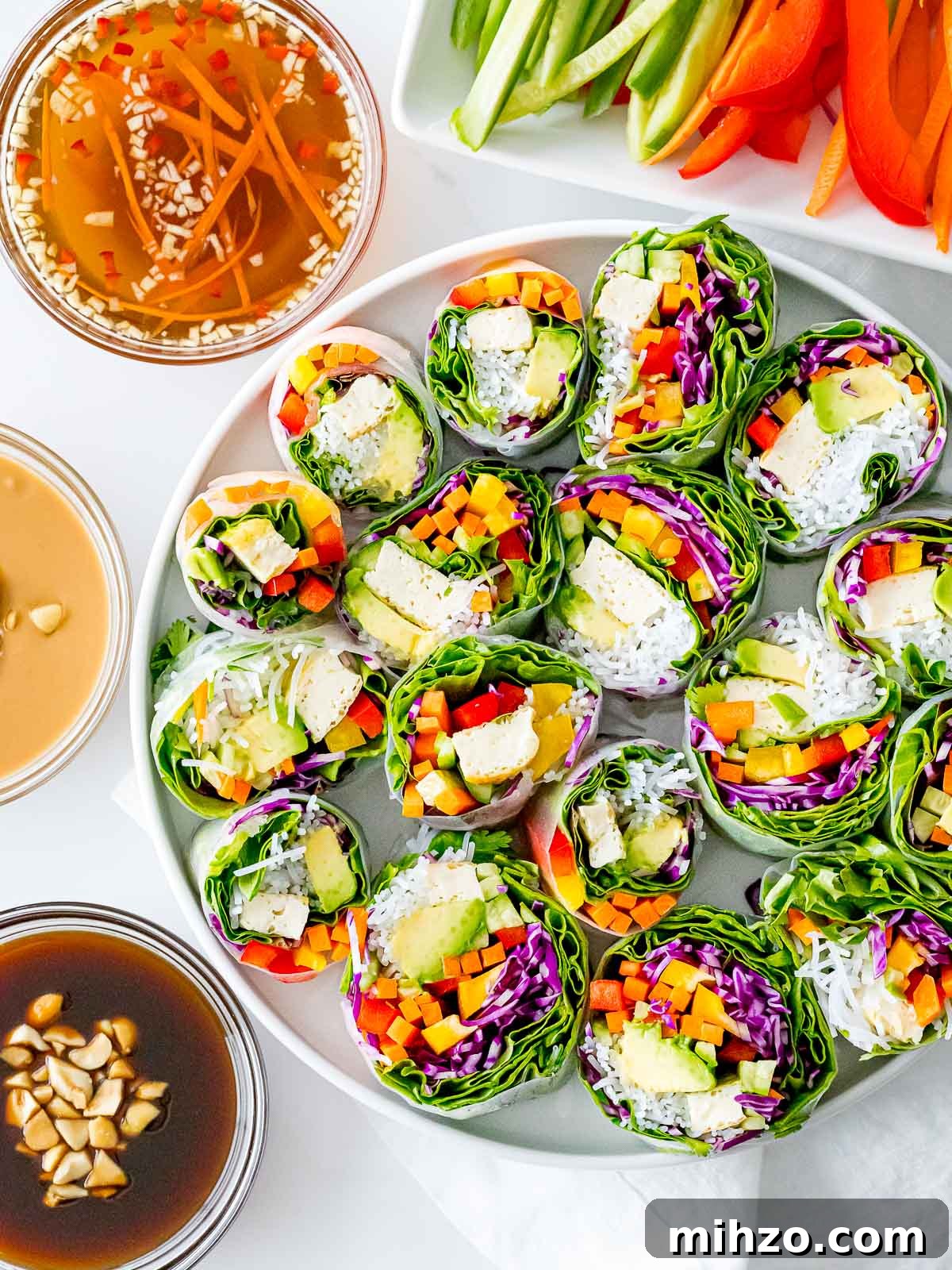vegetarian summer rolls with rainbow veggies and dipping sauces