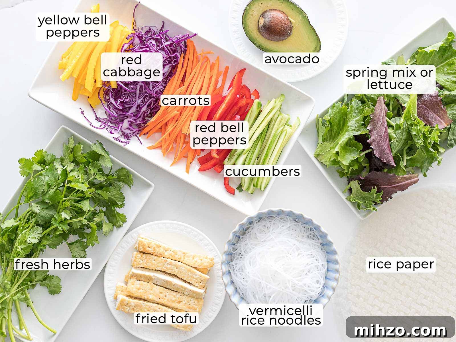 ingredients for Vietnamese vegetarian summer rolls with avocado and tofu