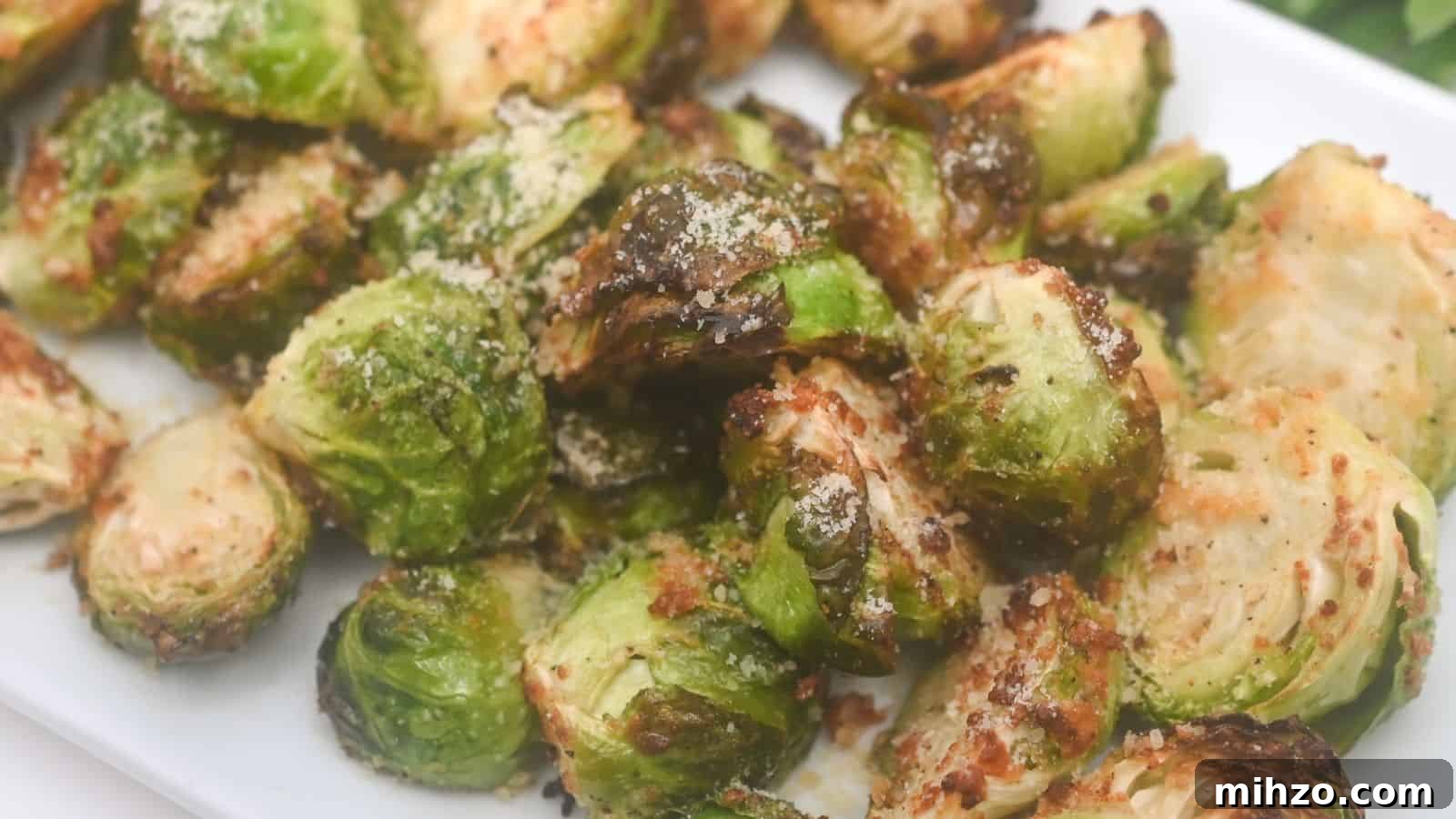 24 Brussels Sprouts Recipes That Even Non-Veggies Will Love 6 Air-fried brussels sprouts with grated parmesan cheese on a white plate.