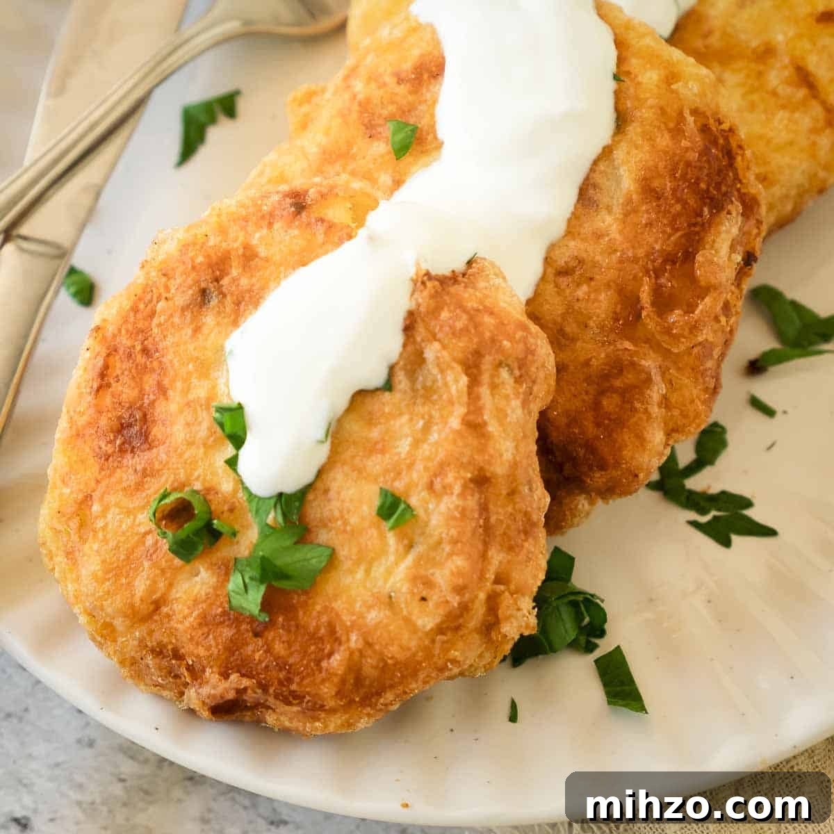 Crispy Potato Fritters Recipe — Golden Pan-Fried Latkes 8 Overhead shot of potato fritters on a white plate garnished with fresh parsley and cheese sauce.