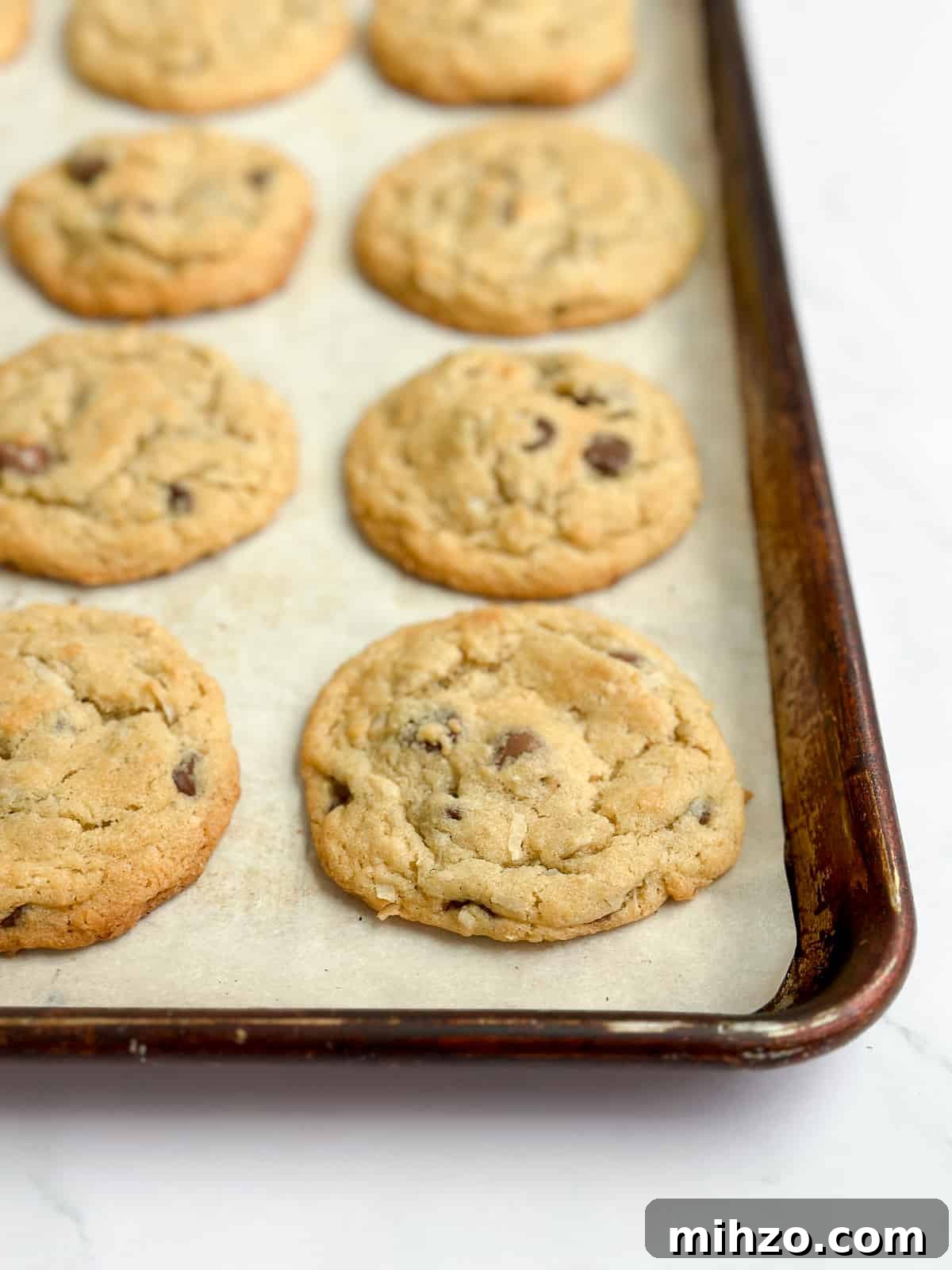 a side view of chocolate chip coconut cookies on a baking sheet.