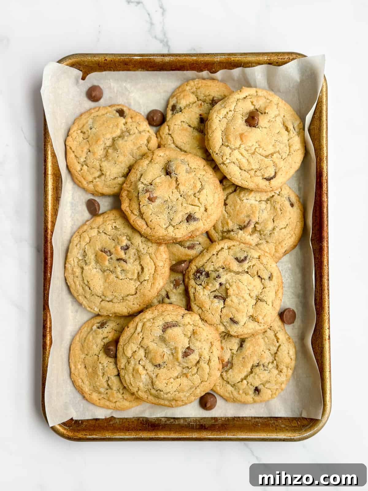 a whole bunch of chocolate chip coconut cookies stacked together in a baking pan.
