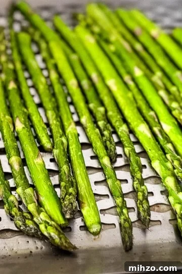 Grilled smoked asparagus spears on a stainless steel vegetable tray.