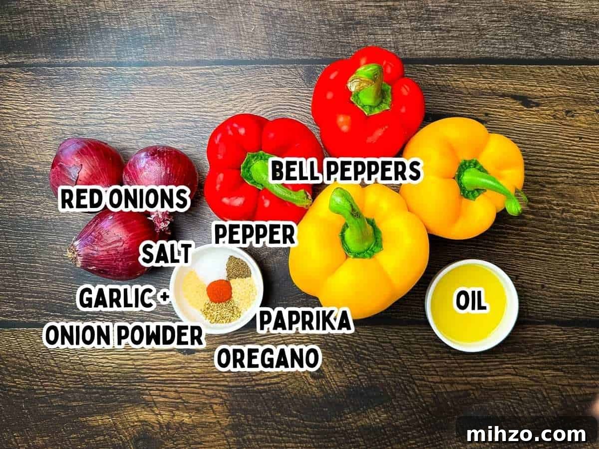 Ingredients for smoked bell peppers and onions, including red onions, red and yellow bell peppers, olive oil, salt, black pepper, garlic powder, onion powder, paprika, and oregano, labeled with bold text on a dark wood background.