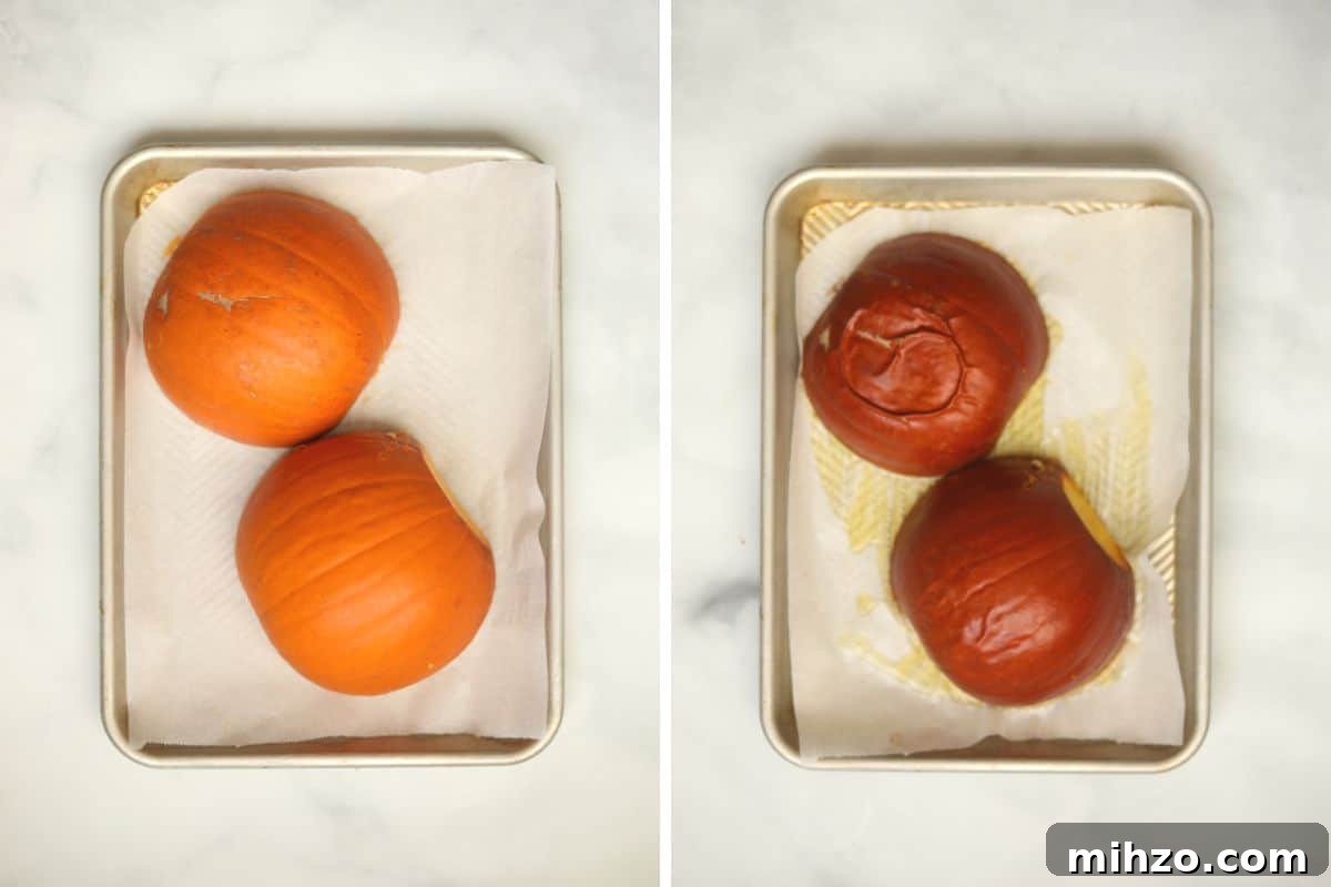 Side by side picture of pie pumpkin halves on baking tray before and after baking.