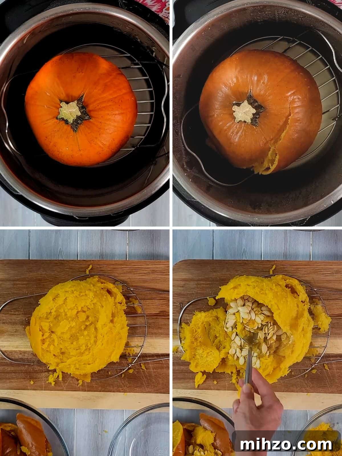 Collage of 4 pictures showing cooking pumpkin in instant pot and removing seeds.