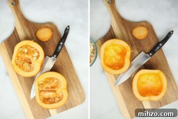 Side by side photo showing cutting pumpkin in half and scooping out seeds.