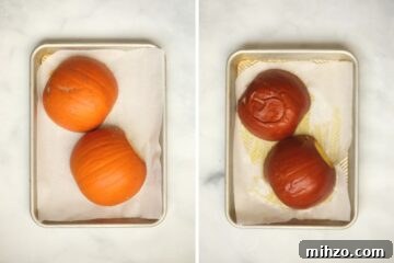 Side by side picture of pie pumpkin halves on baking tray before and after baking.