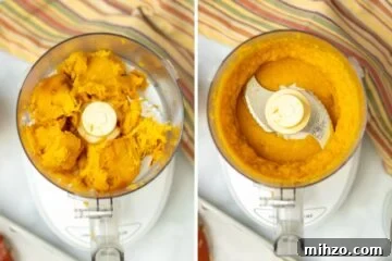 Side by side photo of food processor before and after blending flesh of pumpkin.