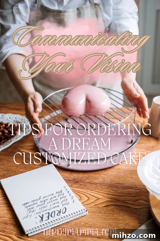How to Order a Customized Dream Cake: Communicate Your Vision Clearly 4 An image of a baker preparing a heart-shaped cake with the text - Communicating Your Vision: Tips for Ordering a Dream Customized Cake. The site's link is also included in the image.