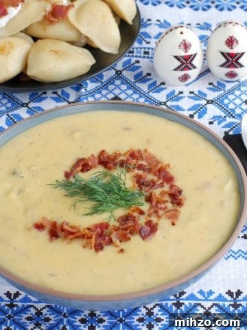 Loaded Pierogi soup with a plate of loaded pierogies in the background
