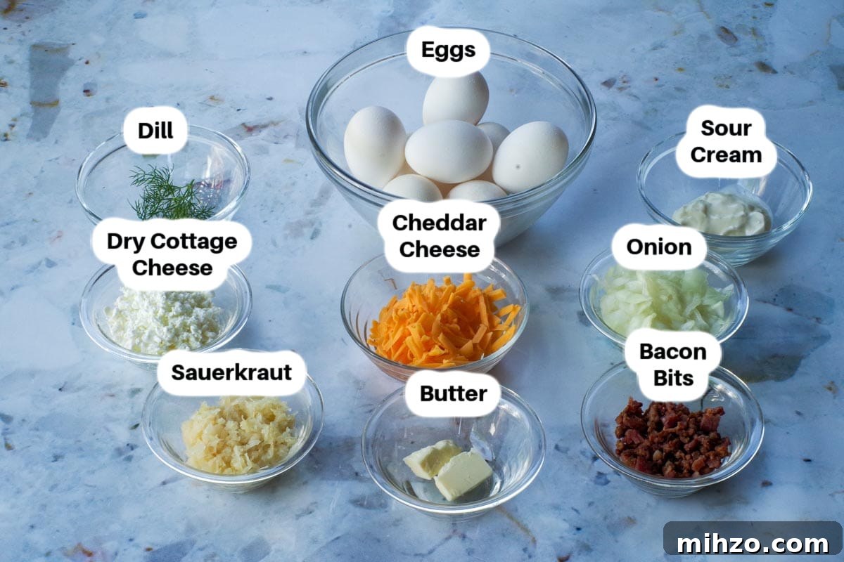 Ukrainian-Style Baked Eggs: Hearty Dinner Recipe 3 Ingredients in Ukrainian eggs in glass bowls, labelled.