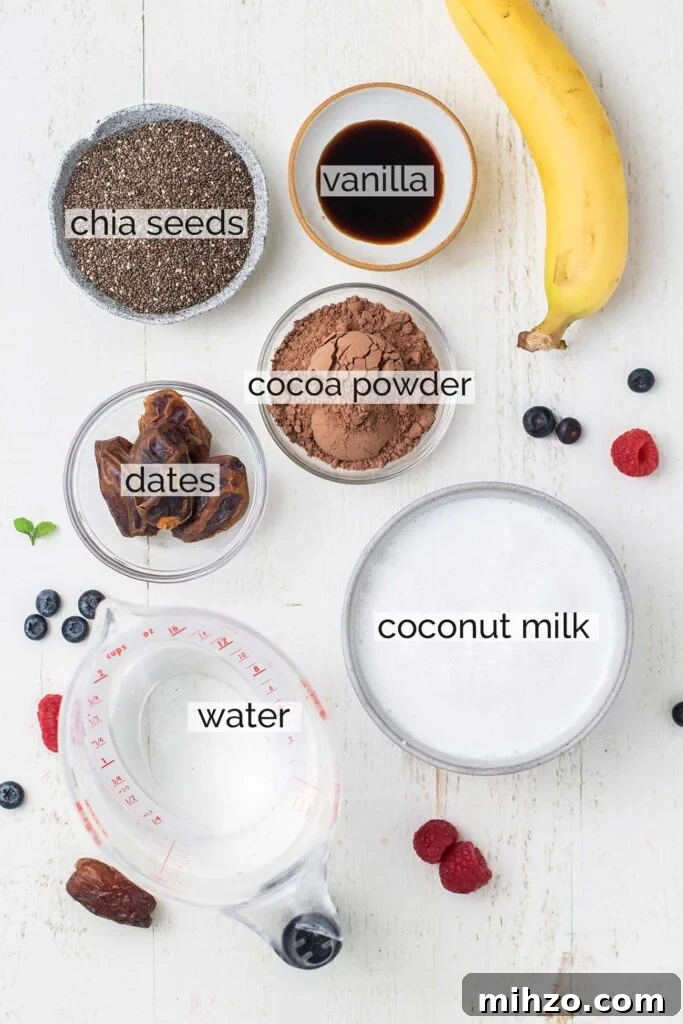 Decadent Chocolate Chia Pudding Recipe for Breakfast & Dessert 3 The ingredients needed to make a naturally sweetened chocolate chia seed pudding.