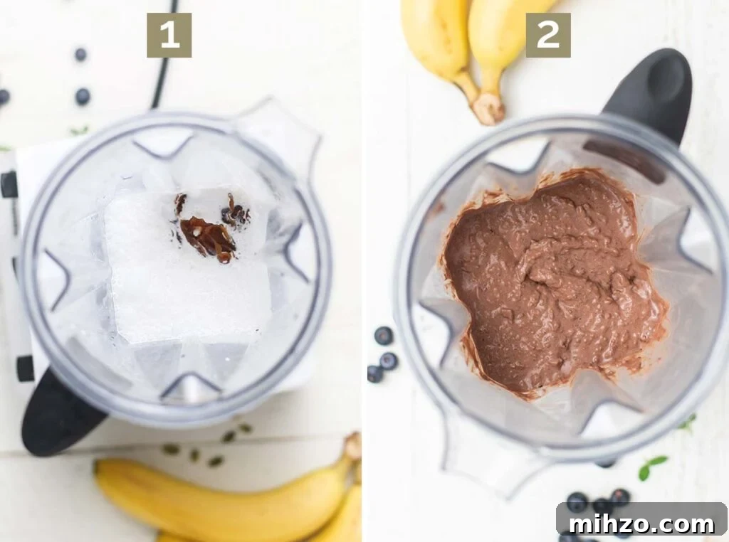 Decadent Chocolate Chia Pudding Recipe for Breakfast & Dessert 5 Step 1 shows adding the milk and dates to a blender, and step 2 shows adding the rest of the chia pudding ingredients and combining.