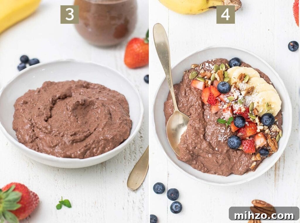 Decadent Chocolate Chia Pudding Recipe for Breakfast & Dessert 6 Step 3 shows letting the chia seed pudding thicken overnight, and step 4 shows adding toppings to the chia seed pudding.