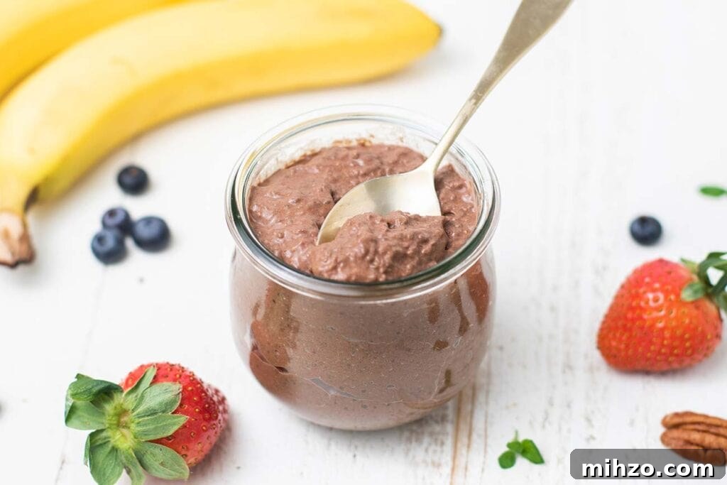 Decadent Chocolate Chia Pudding Recipe for Breakfast & Dessert 7 A spoon showing the thick texture of chia seed pudding.