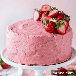 A round cake with pink strawberry frosting sits on a white cake stand, topped with several fresh strawberries, some sliced in half. The background is softly blurred with hints of more strawberries.