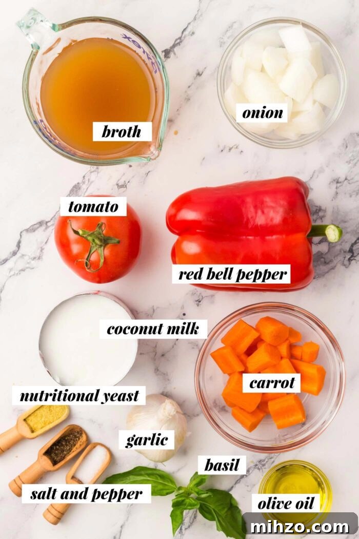 All of the ingredients needed for making a creamy vegan tomato basil soup recipe. Each ingredient is labelled with text.