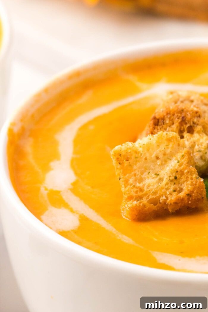 Close up of a bowl of creamy vegan tomato soup drizzled with coconut milk and topped with croutons.