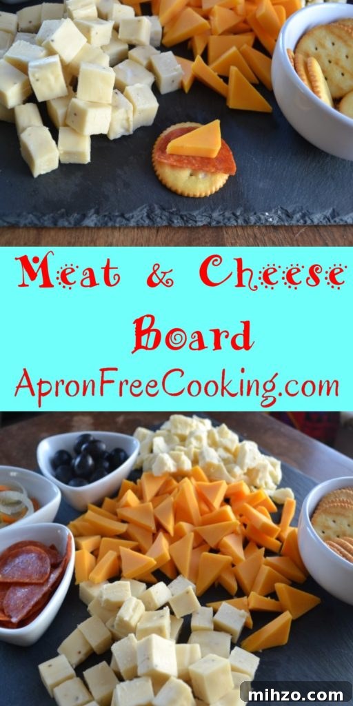 Meat and Cheese Board makes snacking easy with three types of cheese and some toppings.