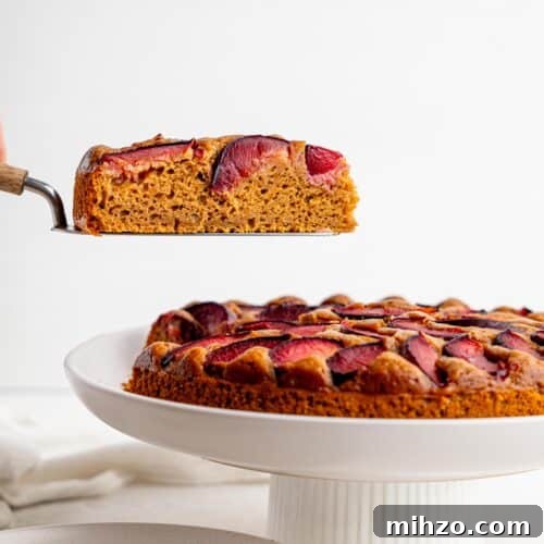 Yogurt cake with plums on a white cake stand.