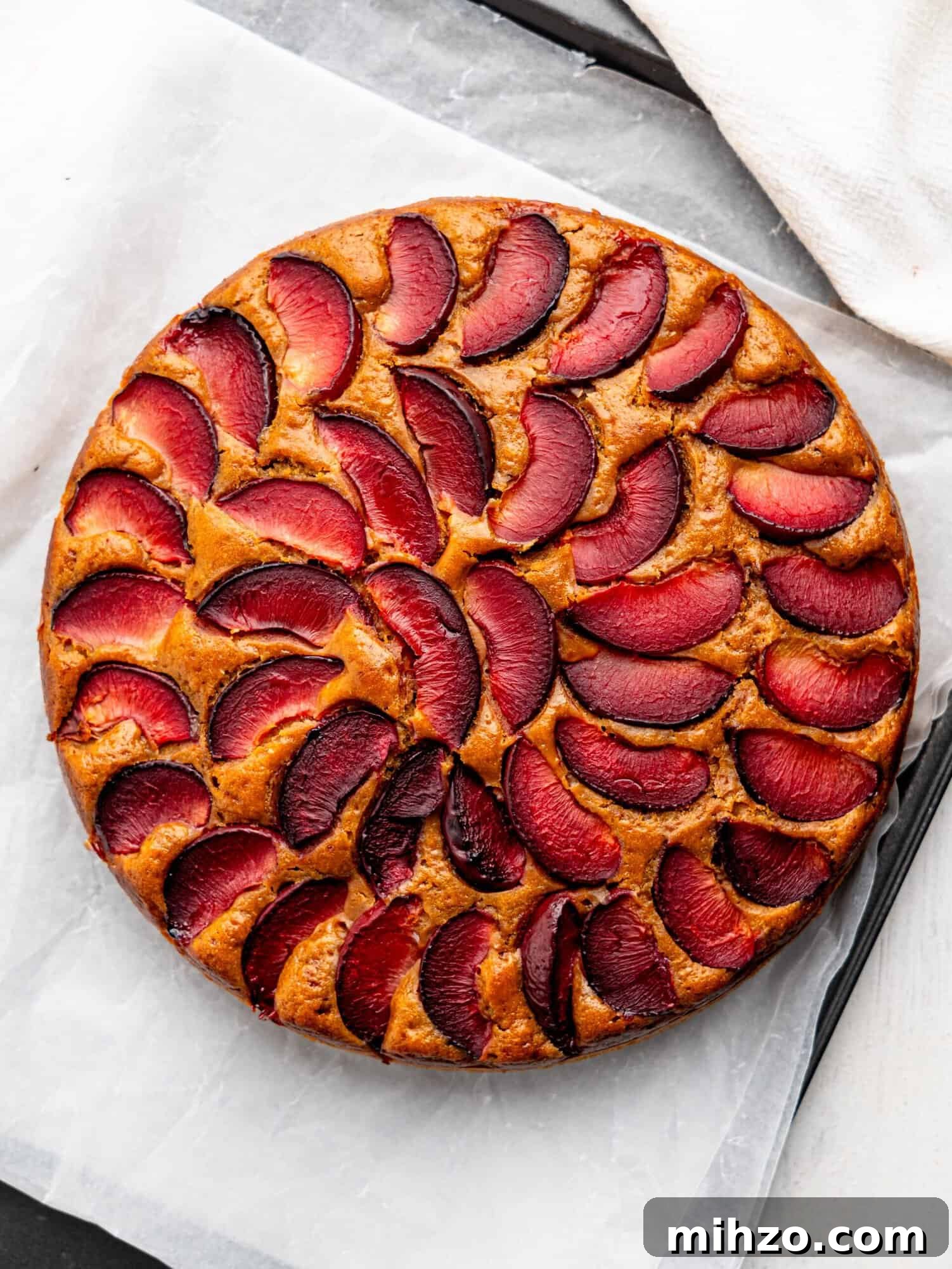 Freshly baked yogurt plum cake from bird's eye view.