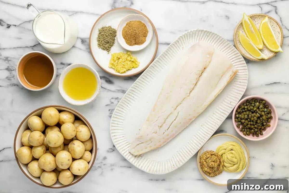 Oven-Baked Fish and Potatoes in Creamy Mustard Sauce 3 Bowls of ingredients to make baked fish and potatoes.
