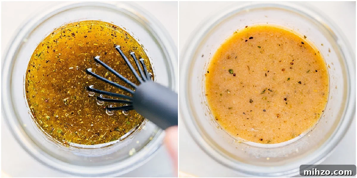The dressing whisked together in a mason jar.