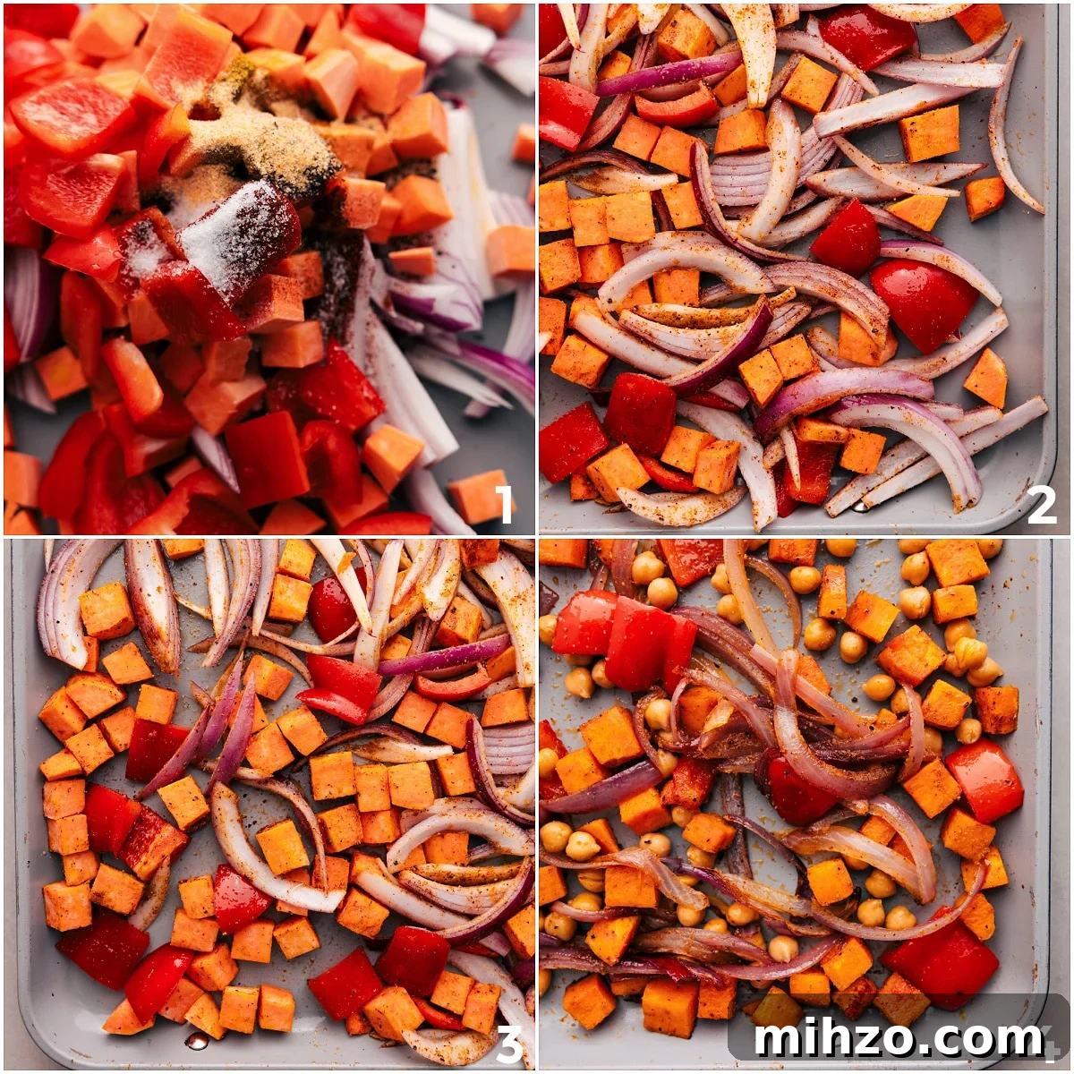 All the veggies and chickpeas roasted on a sheet pan to top these Buddha bowls.