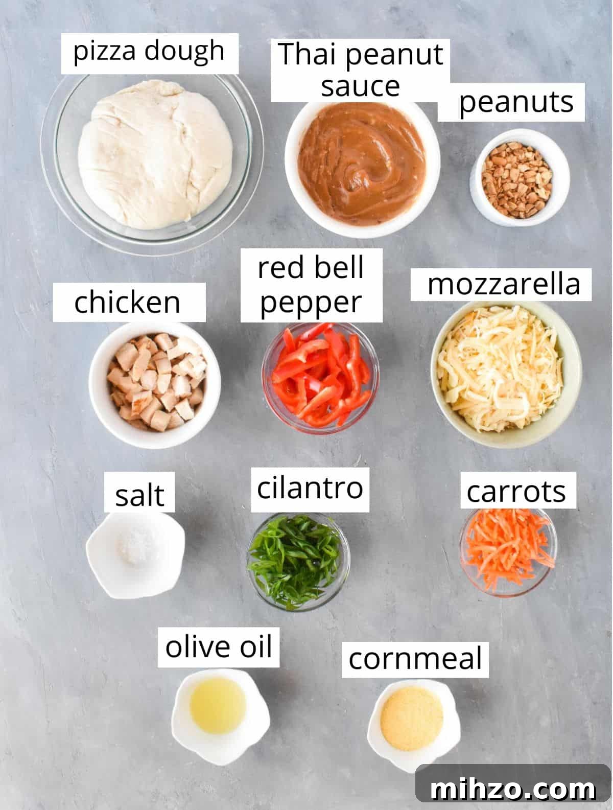 Thai Chicken Pizza Recipe: Tangy Peanut Sauce & Crispy Crust 3 ingredients for recipe laid out.