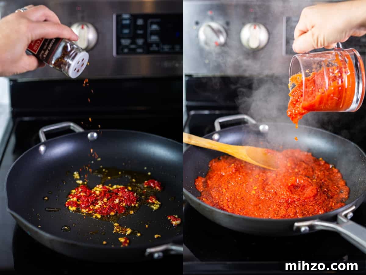 Quick Tomato and Basil Pasta Recipe in 20 Minutes 3 Cooking the olive oil, minced garlic, tomato paste, red pepper flakes and crushed tomatoes in a pan on the stove.