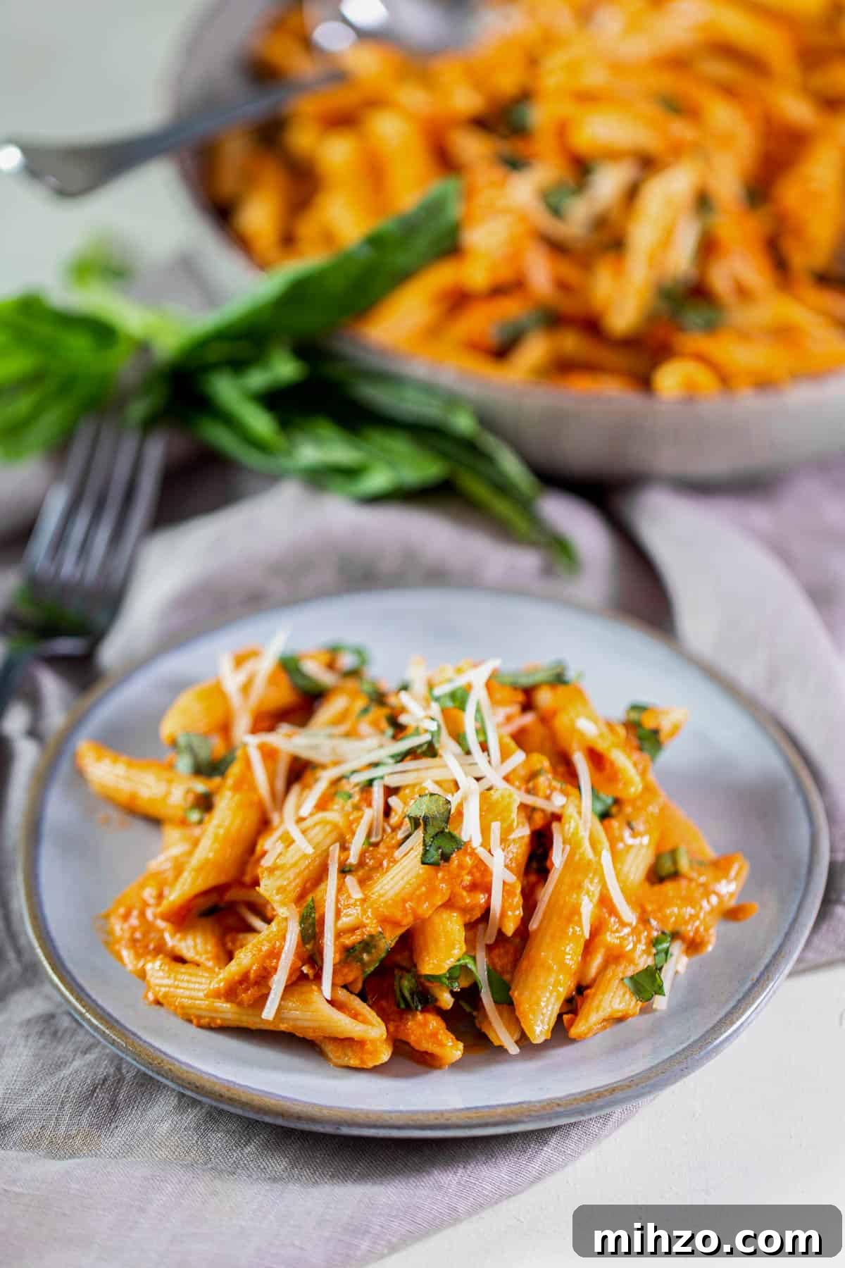 Quick Tomato and Basil Pasta Recipe in 20 Minutes 5 A plate with tomato basil pasta on a table to be served. The full skillet with the remaining pasta sits in the backrgound.