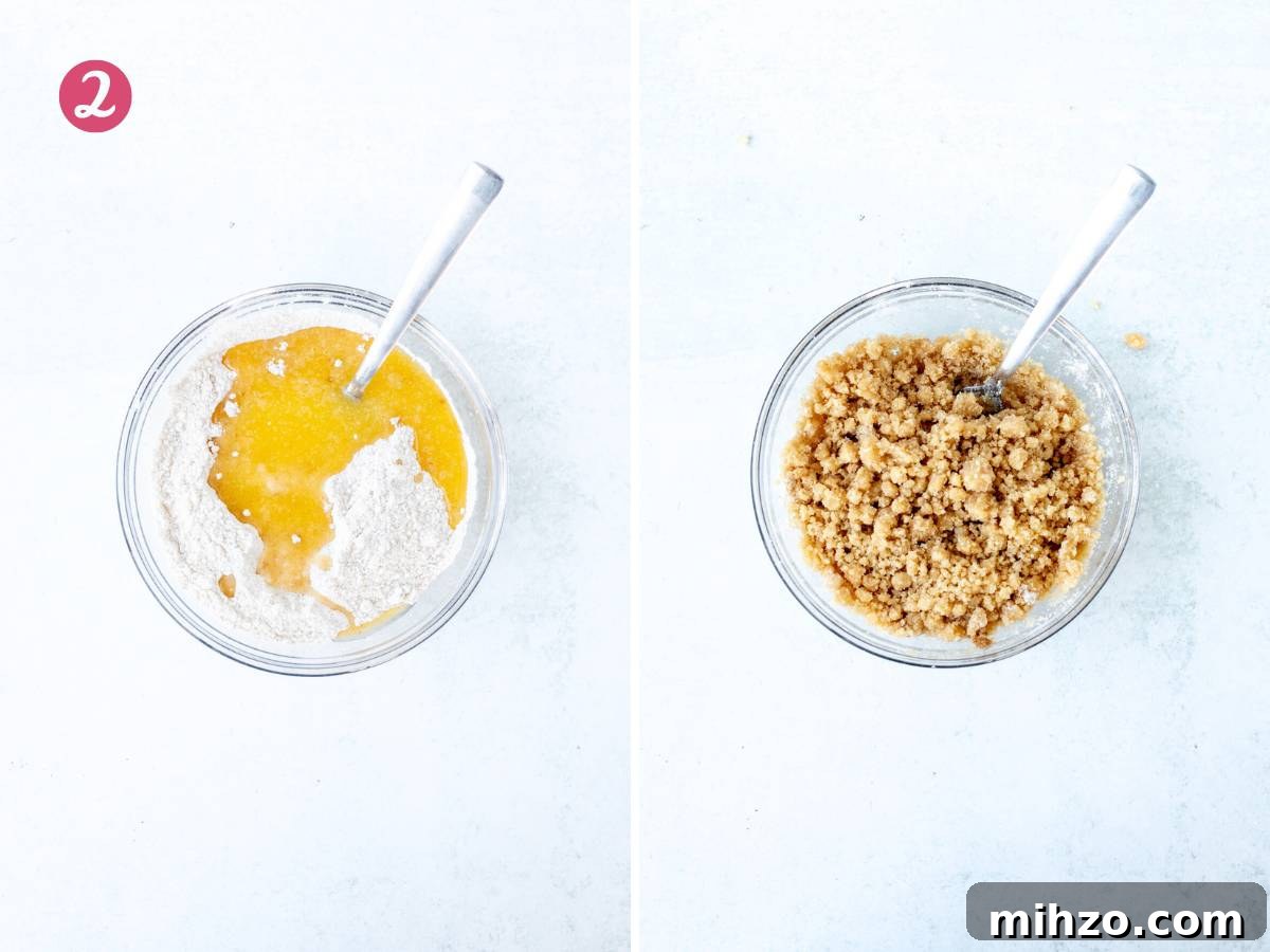 Lemon Coffee Cake Recipe — Moist Citrus Loaf for Brunch 4 Bowl of dry ingredients and melted butter and bowl of streusel topping