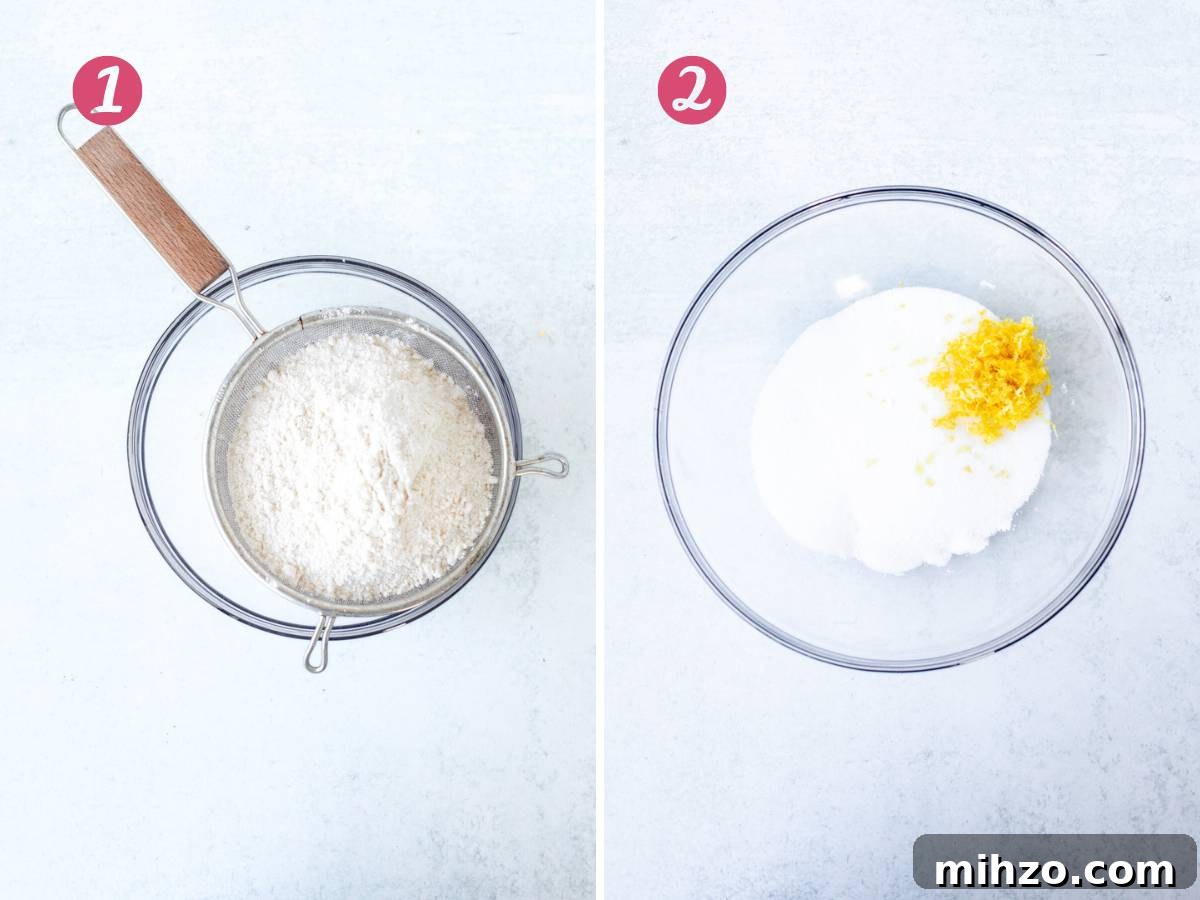 Lemon Coffee Cake Recipe — Moist Citrus Loaf for Brunch 5 Sifting dry ingredients into a bowl and bowl of sugar and lemon zest